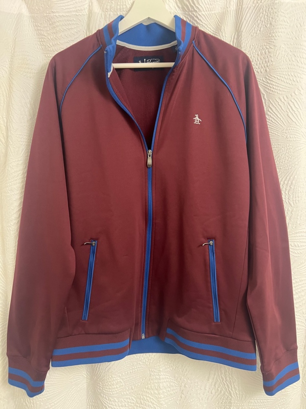 Original Penguin Burgundy Bomber Jacket with Blue Trim